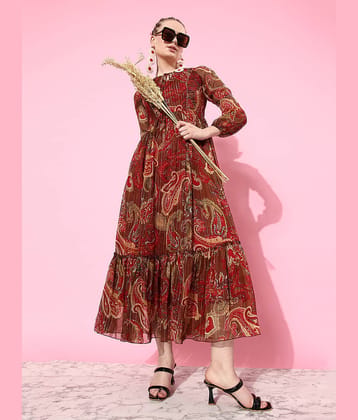 Miss Chase Women Polyester Printed Fit & Flare Dress ( Brown )