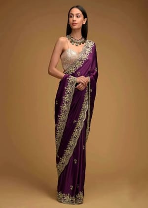 Luxurious Purple Saree in Satin with Hand Embroidery  by SHIV TEXTILES