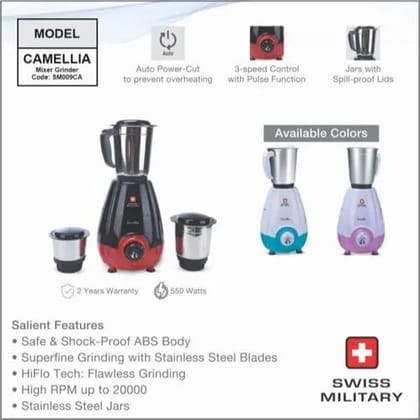 Swiss Military Plastic Camellia Mixer Grinder, For Wet & Dry Grinding, 751 W, 1000
