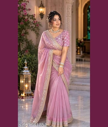 Shivadit ethnic Organza Embroidered Banarasi saree With Unstitched Blouse Piece ( Pink )