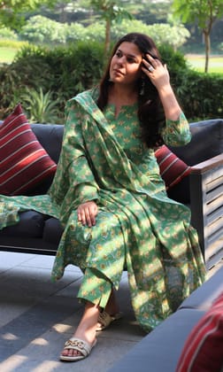 Cotton Printed Fern Green Suit Set with Cotton Printed Dupatta-XXS