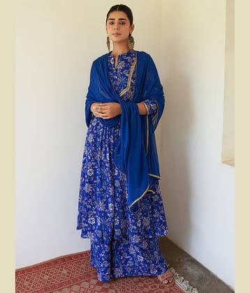 Janasya - Blue Tiered Flared Georgette Women's Stitched Salwar Suit ( Pack of 1 )