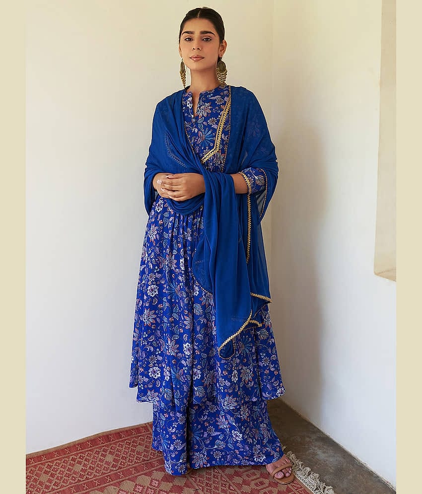 Janasya - Blue Tiered Flared Georgette Women's Stitched Salwar Suit ( Pack of 1 )