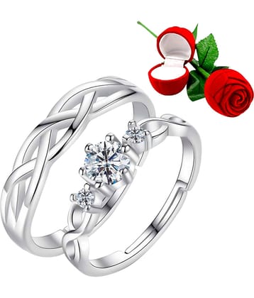 Silver Plated Adjustable Couple Rings Set for lovers Ring with 1 Piece Red Rose Gift Box  for Men and Women