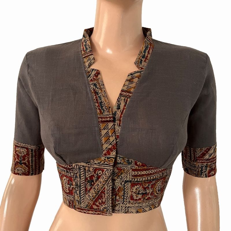 Handloom Flex Cotton V-collar neck Blouse with Kalamkari Patches,Grey, BH1298-S
