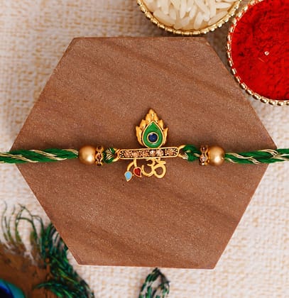 Green Om & Peacock Feather Religious Rakhi and Roli Chawal Pack
