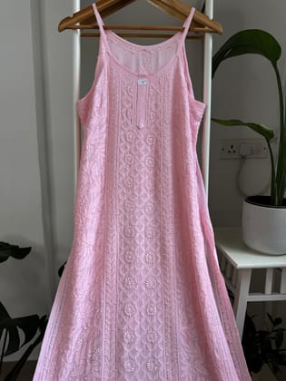 Noodle Strap Chikankari Kurti Long - Pink -Rose Collection-Pink / Viscose Georgette / S