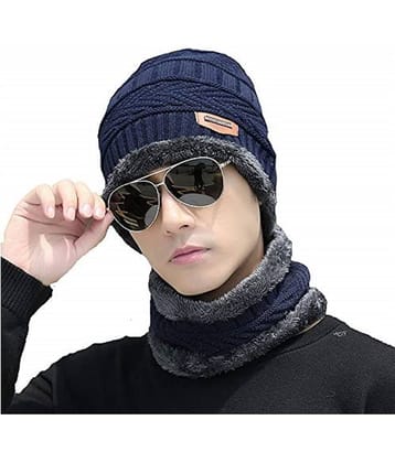 PENYAN Men's Blue Woolen Cap with Neck Muffler/Neckwarmer