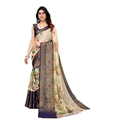Women's Viscose Rayon Printed Saree with Unstitched Blouse (Navy Blue)
