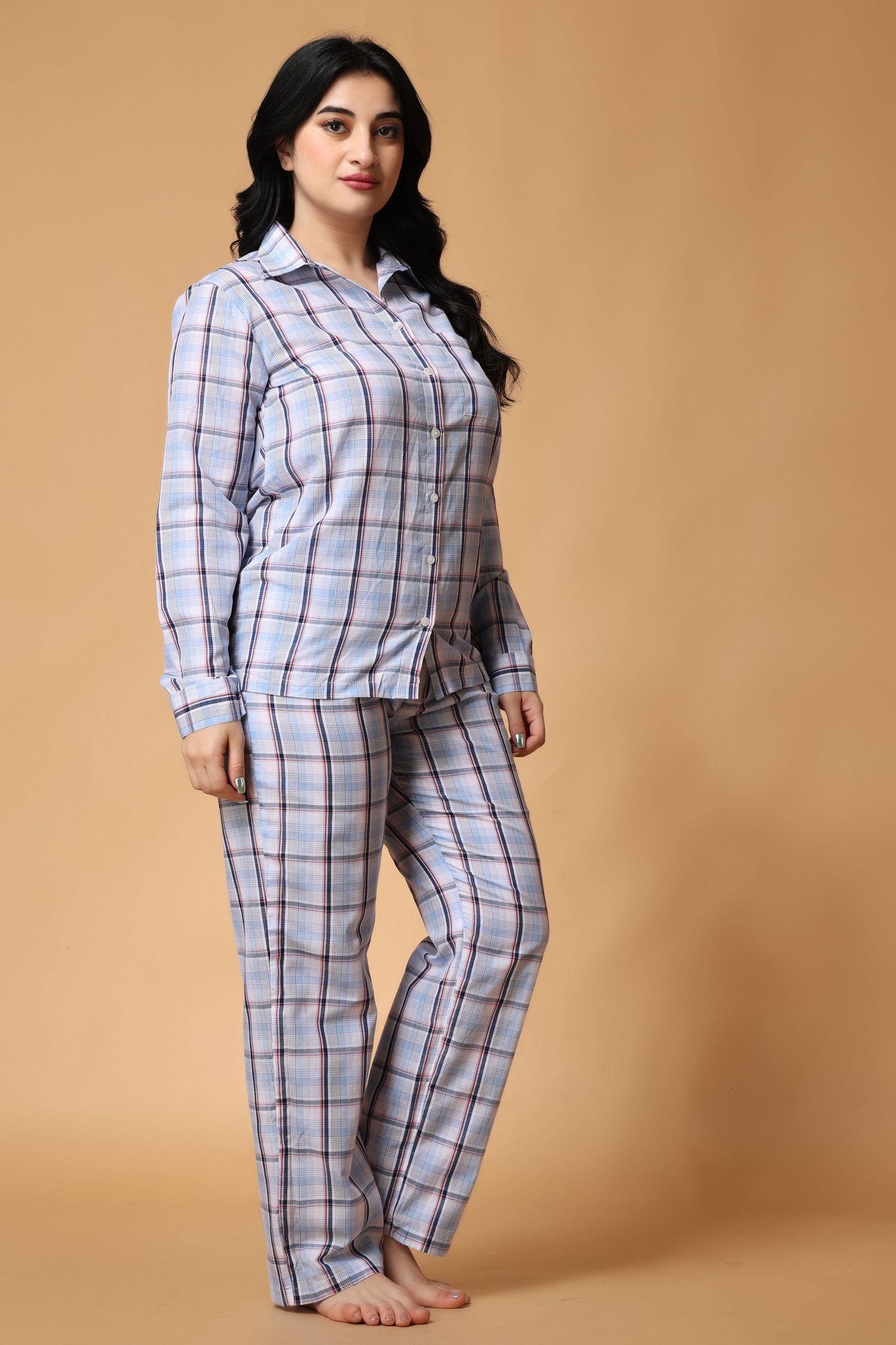 Blue Checked Night Suit Set-L / L / Blue