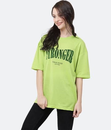 Leotude Women Cotton Blend Printed Oversized Fit Round Neck T-Shirt ( Green )