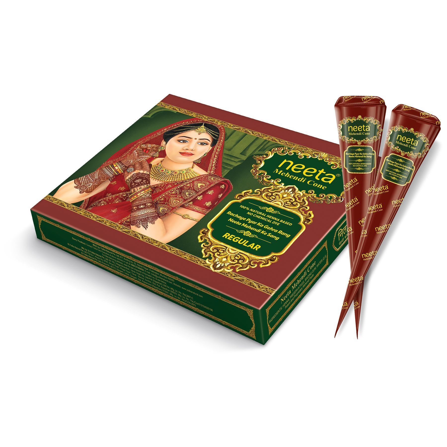 Neeta Mehendi Cones for Hand Desgning & Wedding, Bridal Mehandi Cone Reddish Brown Color 12 Pcs in 1 Box (25gm Each)