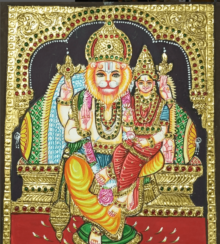 Lakshmi Narasimhar Tanjore painting By Authentic Handcrafting Method (Size 18x14)