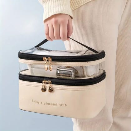 Double-Layer Square Cosmetic Bag - Your Stylish Travel for Beauty On-the-Go-Beige