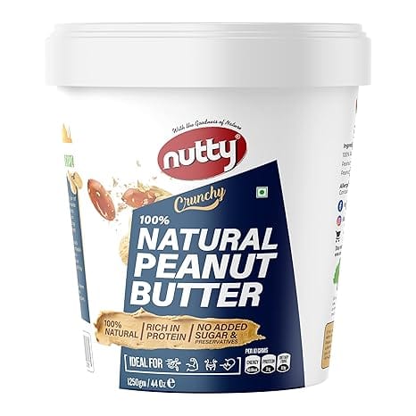 Nutty Natural Peanut Butter Crunchy 1250g, 31g Protein, No Added Sugar, High Dietary Fiber, 0% Trans-Fat, 100% Non-GMO, Vegan (1.25kg)