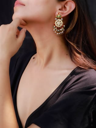 Kalma Red-Green Kundan Earrings-Green