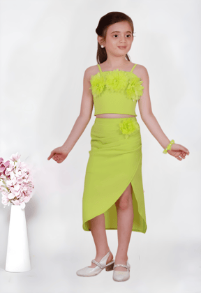 Girl's Flower Co-Ord  Set [GCS-2527](4-12Years)-9-10Y (Size - 32) / Imported / Green