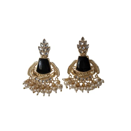 Anvaya Collections Traditional Kundan Pearl Earrings, Black and Gold, Crystal Studded Chandbali Style