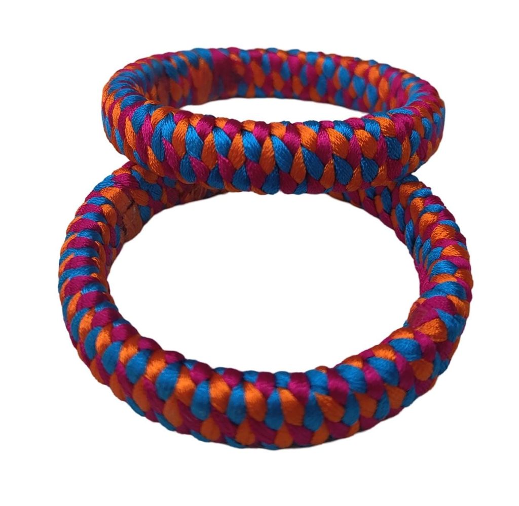 Handmade Braided Fabric Bangle in Blue, Orange and Pink