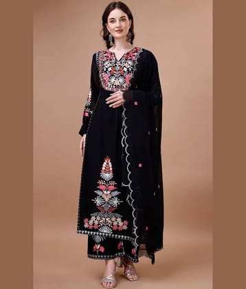 kedar fab Georgette Embroidered Kurti With Pants Women's Stitched Salwar Suit - Black ( Pack of 1 )