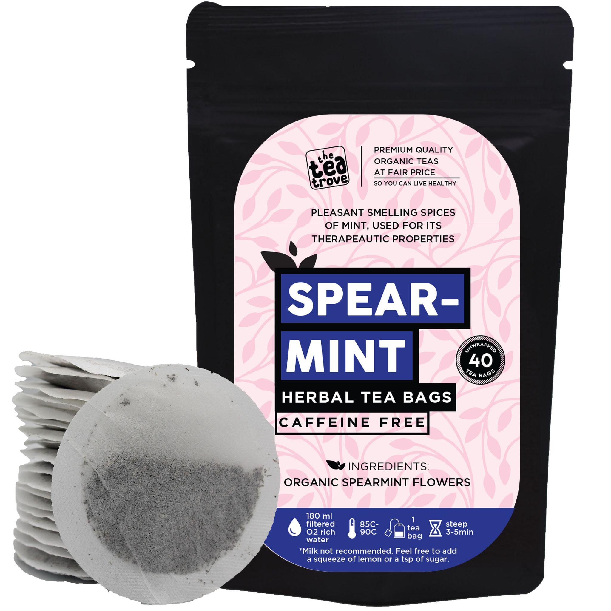 Organic Spearmint Tea Bags for PCOS - 40 Eco-Friendly Mint Tea Bags in Resealable pouch - Caffeine Free Spearmint tea for PCOS unwanted hair , clear hormonal acne and gas relief tea by The Tea Trove