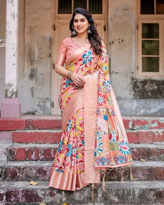 Peach Tussar Silk Saree with Vibrant Floral Kalamkari and Zari Highlights-Regular