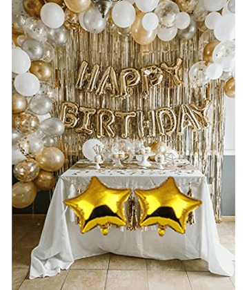 Jolly Party   Golden and silver Happy Birthday Decoration Combo Kit with Banner, Balloons, Foil Curtain, 50pcs for Birthday Decoration