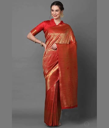 GARIYA Banarasi Silk Embellished Saree With Unstitched Blouse Piece ( Red )