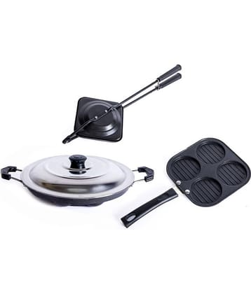 Homepro Non-Stick Set ,Appam Patra with Steel Lid 12 Cavity,Mini Uttapam 4 Cavity, Gas Toaster (Pack of 3)