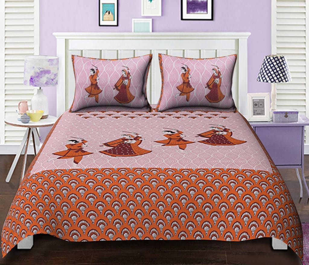 3001-Hometrade India-Standard King Size (90*108 Inches)-Pure Cotton Jaipuri Double Bedsheet With Matching Pillow Cover