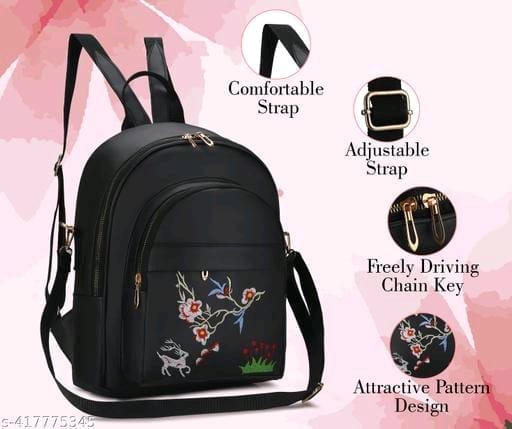 Black Floral Embroidered PU Leather Backpack