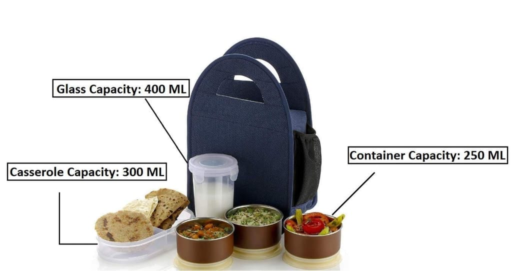 Tiffin Box With Bag Stainless Steel 4 Container and 1 Set with Plastic Glass Lunch Box Set with Carry Bag for Office, College and School for Men, Women Kids