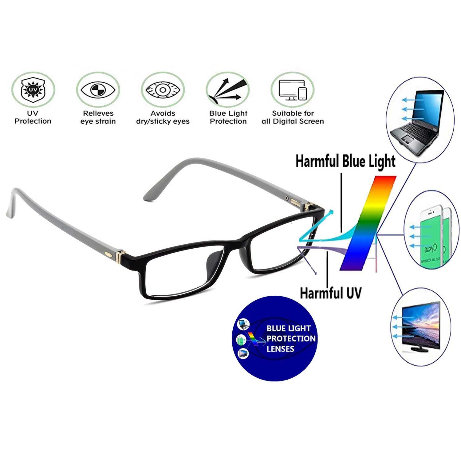 Hrinkar Eye Protection Zero Power Glass for Mobile with Blue Cut Lenses Computer Glasses for Men & Women | Black and Grey | HBCT-FRM-BK-GRY-12