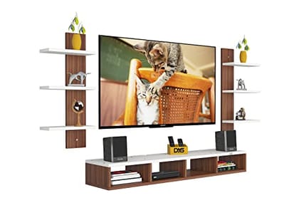 DAS Harries TV Entertainment Unit Stand Set TOP Box Stand with Shelves and Display Rack Classic Walnut & Frosty White Medium- Ideal for UP to 43 INCH Screen
