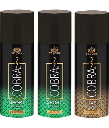 ST.JOHN Cobra Sport 150ml*2 & Live 150ml Deodorant Spray for Men (450ml) Pack of 3