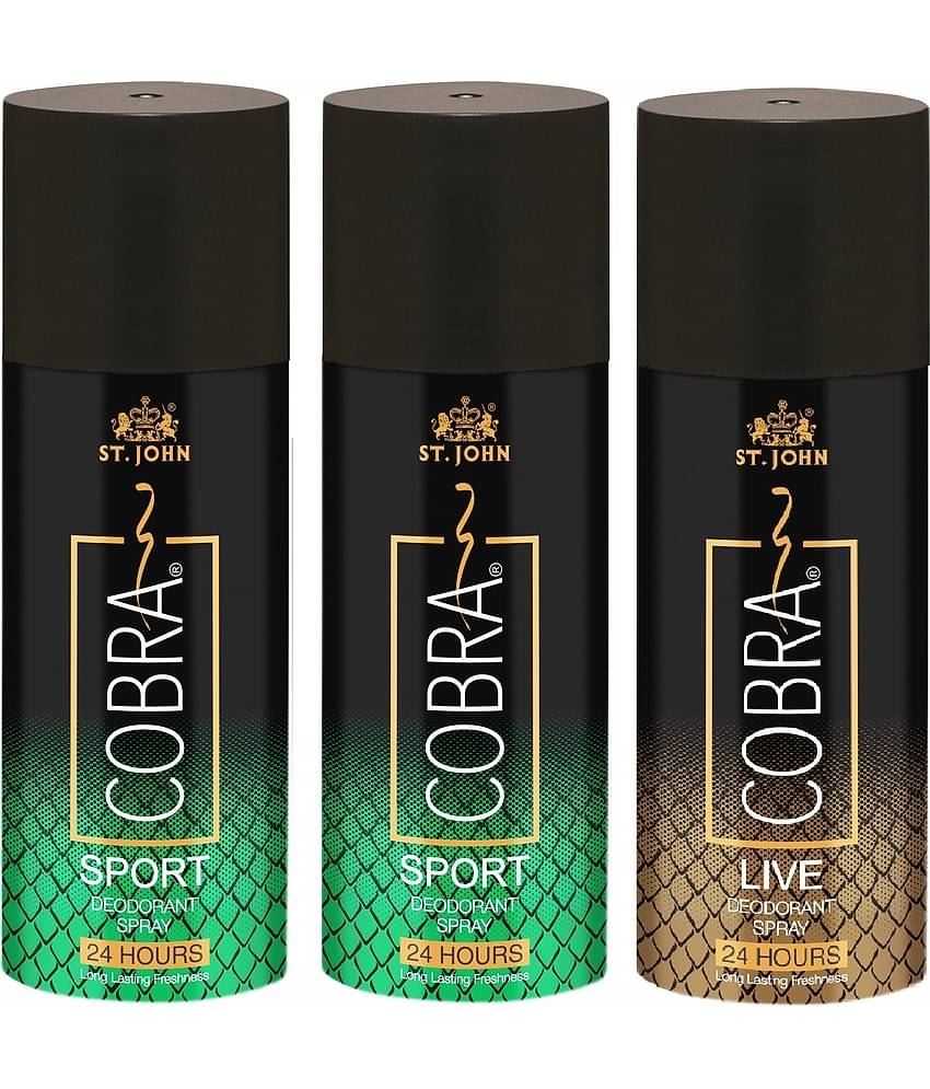 ST.JOHN Cobra Sport 150ml*2 & Live 150ml Deodorant Spray for Men (450ml) Pack of 3