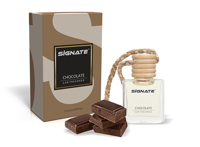 Signate Car Perfume with Natural Fragrance Essential Oils | Car Air Fresheners Long Lasting Upto 90 Days | Hanging Pod in Glass Bottle with Wooden Diffuser Lid  15ml (Chocolate Air)