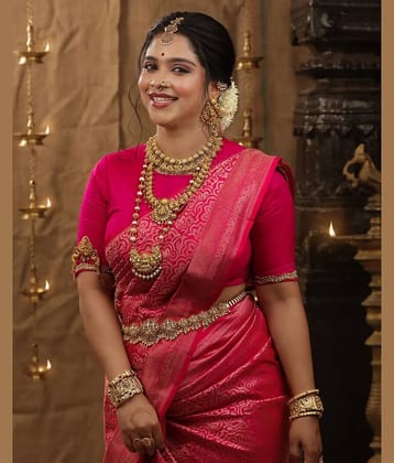 Vastukala Silk Woven Design Banarasi saree With Unstitched Blouse Piece ( Pink )