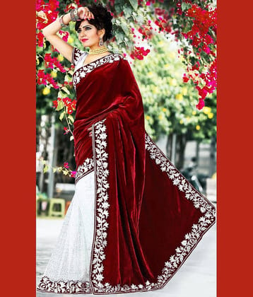 WXW Fashion Velvet Embroidered Regular Saree With Unstitched Blouse Piece ( Maroon )