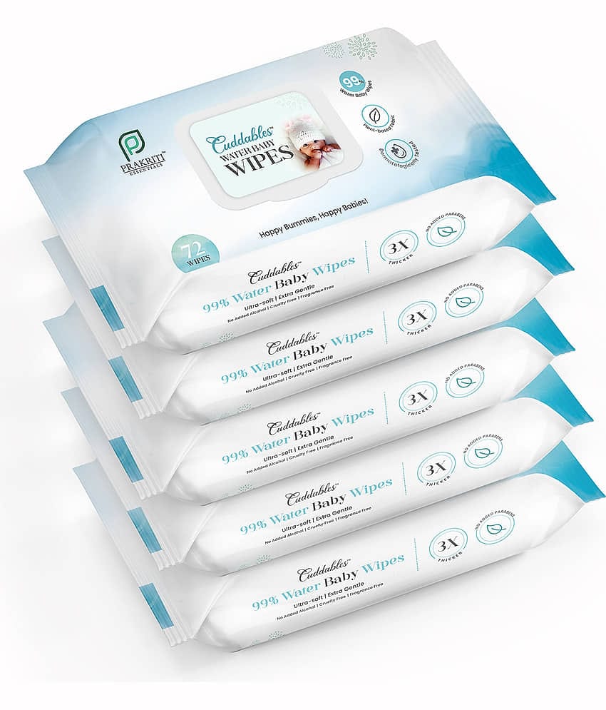 Cuddables 99% Water Baby Wipes | Natural Plant made cloth wipes - Super thick | 72pcs Wet Baby Wipes (Pack of 5)