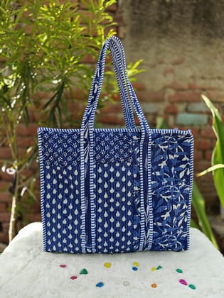 Handblock Printed Quilted Tote Bag with concealed zip ( 17x18x 6 inches)