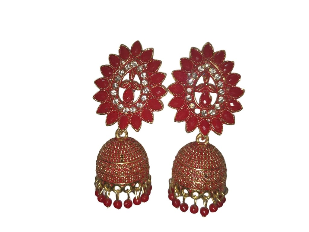 Red and gold jhumka earrings with intricate detailing