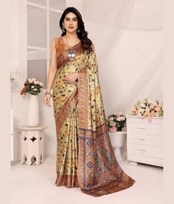 BLEESBURY Cotton Blend Printed Saree With Unstitched Blouse Piece ( Brown )