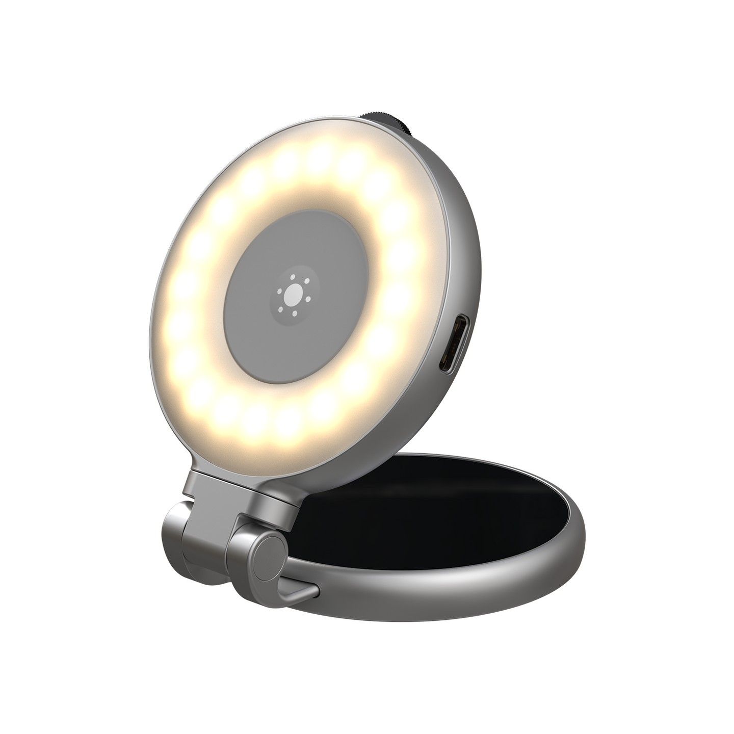 Portronics Oria Built-In Makeup Mirror & Phone Stand, Adjustable Brightness & Color Temperature, Multi-Angle, Includes Metal Ring, for Selfies, Video Calls & Reels - Silver