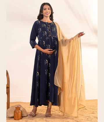 Janasya Navy Crepe Maternity Kurta Suit Set Single