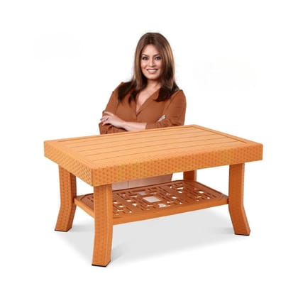 MAHARAJA Double Top Center Table with Wooden Texture Finish | Heavy Duty Plastic Multi-Utility Table with Storage Shelf | Load Capacity up to 200 kg | for Living Room, Office & Dining Area