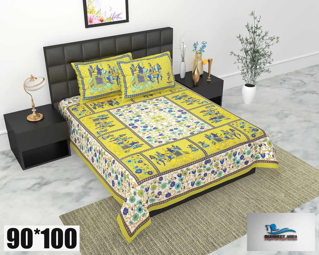 2001-Bedsheet Adda-Pure Cotton Jaipuri Printed Double Bedsheet With 2 Pillow Covers-Gangour