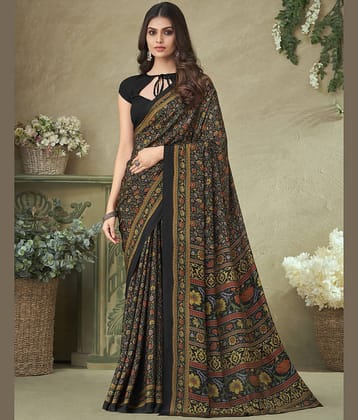 Satrani Crepe Printed Saree With Unstitched Blouse Piece ( Black )