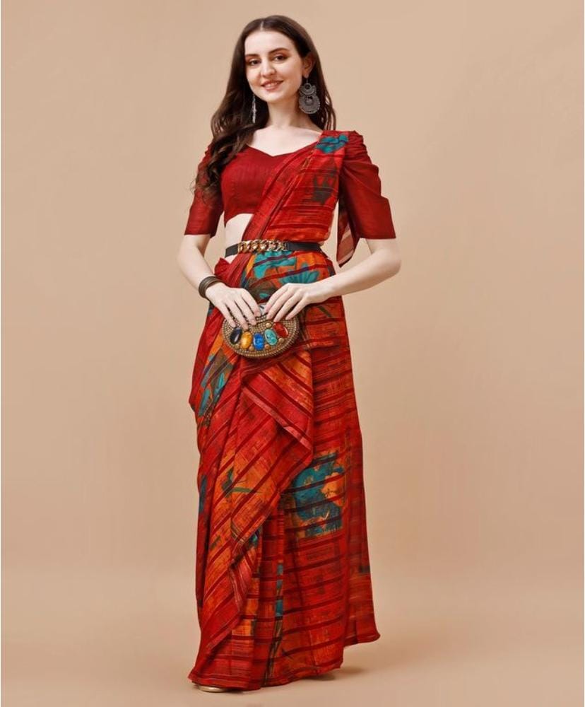 Women's Georgette Floral Printed Saree with Unstitched Blouse (Maroon, 5-6 Mtrs)