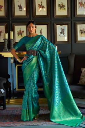 Green Pure Linen Weaving Banarasi Saree